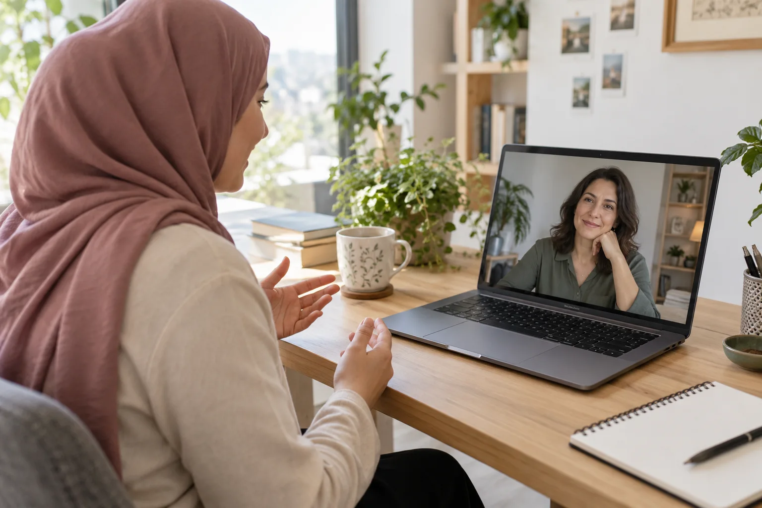 Başörtülü kadın danışan, evindeki dizüstü bilgisayardan kadın psikologla online görüntülü seansa katılıyor