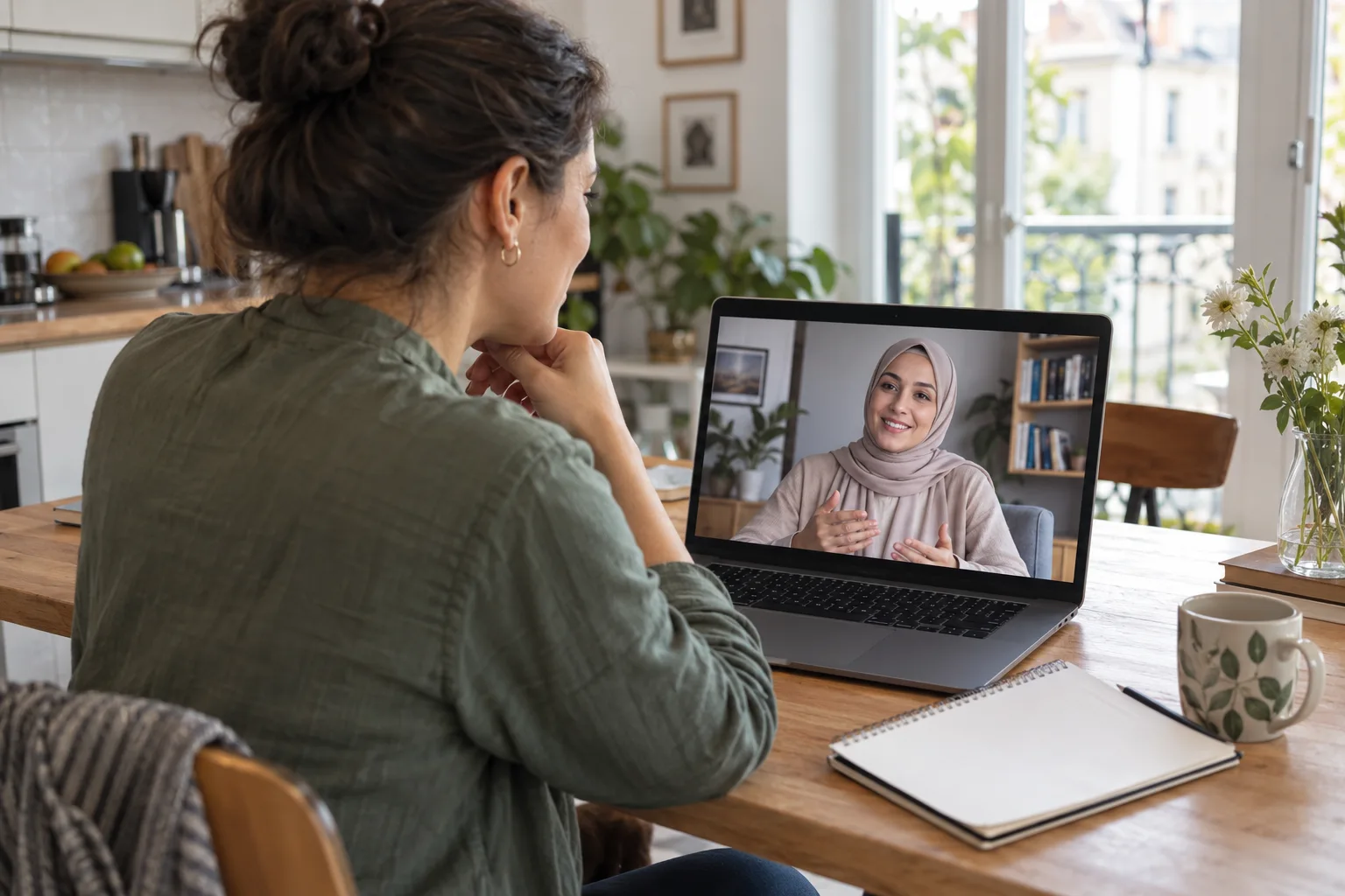 İhtiyacınıza ayırdığınız zamanda online psikolog görüşmesi Başörtüsüz kadın danışan, evindeki bilgisayardan başörtülü kadın psikologla online görüntülü seans yapıyor