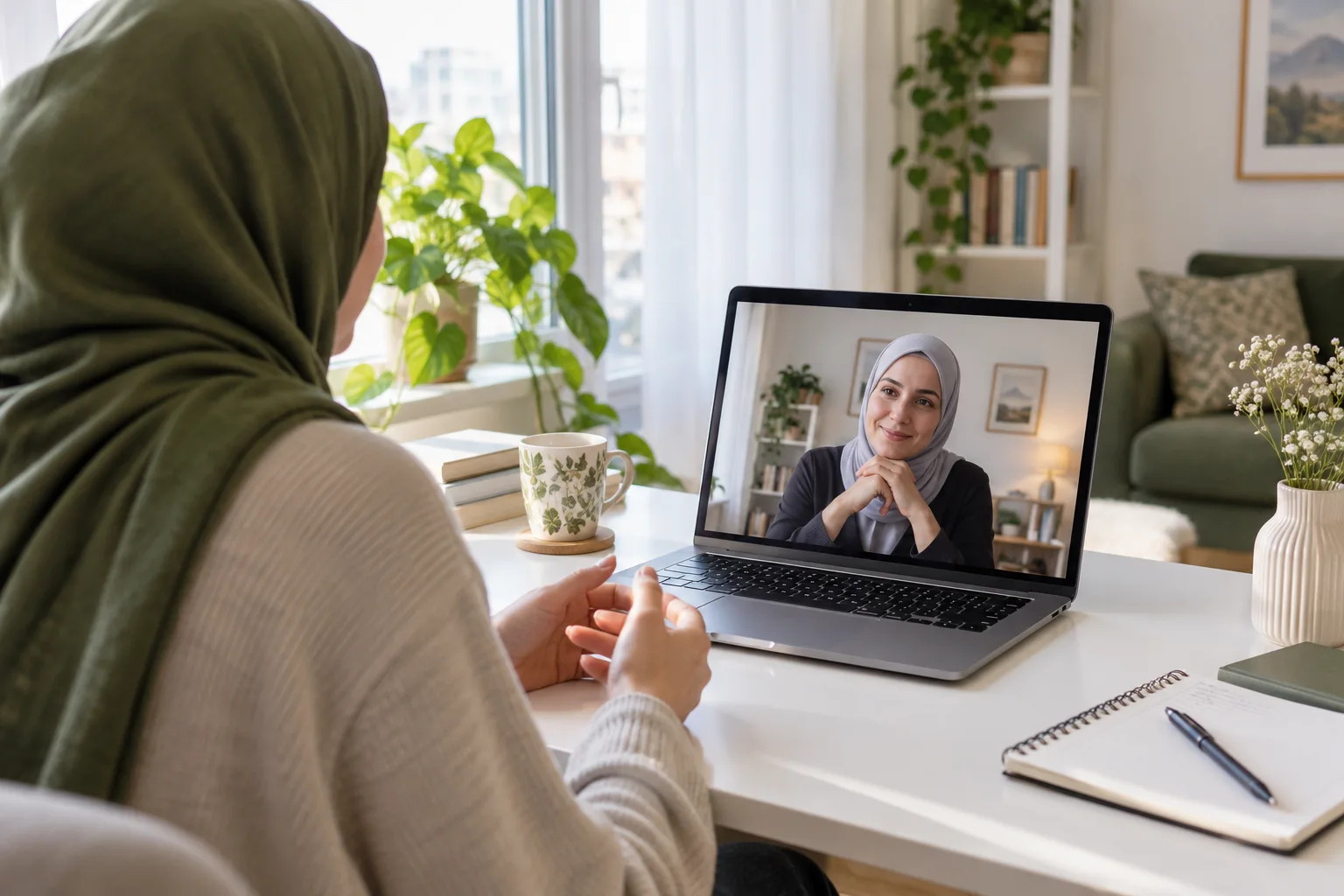 Başörtülü kadın danışan, bilgisayar ekranındaki başörtülü kadın psikologla online görüntülü görüşmeye katılıyor