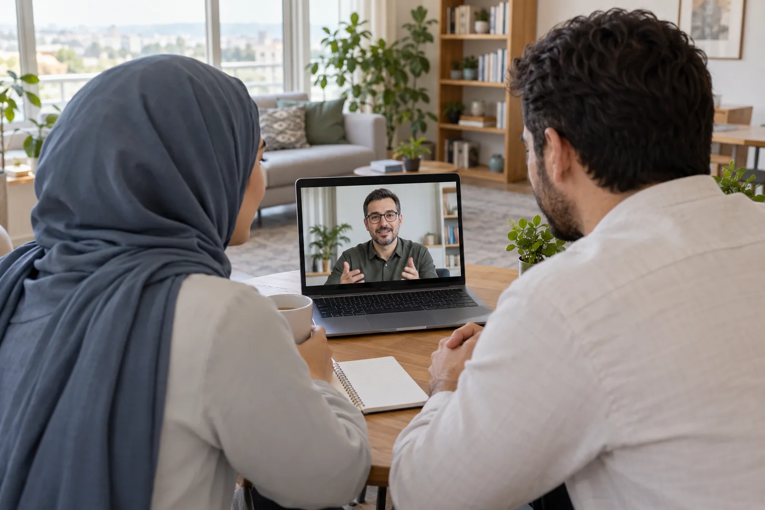 Başörtülü kadın ve eşi, bilgisayar ekranındaki erkek psikologla birlikte online görüntülü çift görüşmesi yapıyor