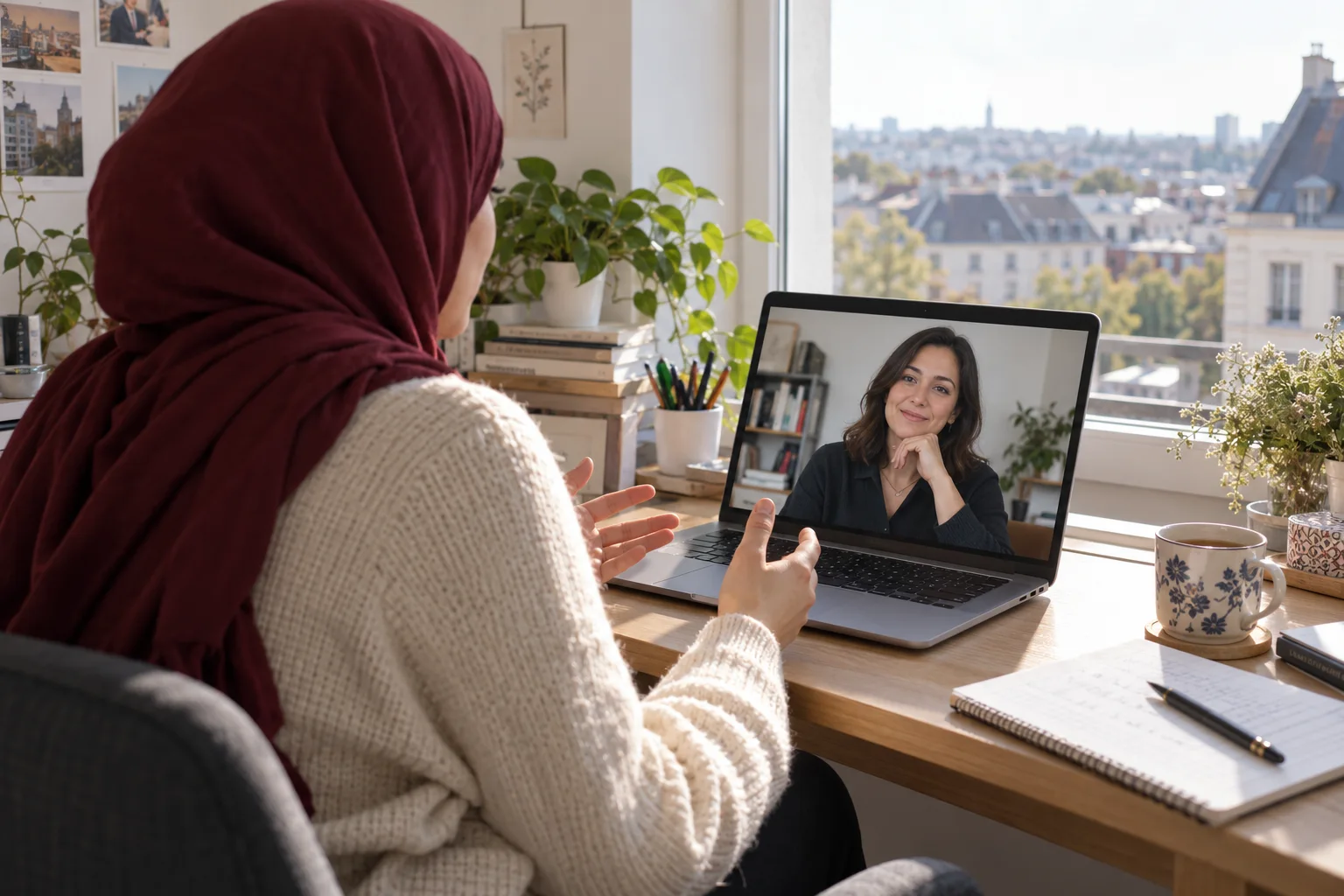 Yurt dışında kendi dilinizde online psikolog görüşmesi Başörtülü kadın, yurt dışındaki evinden bilgisayar ekranındaki kadın psikologla Türkçe online görüntülü seansa katılıyor